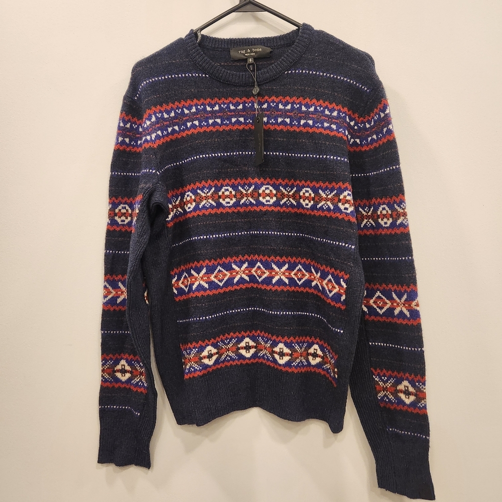 Rag & Bone NWT Navy Multi Wesley Fairisle Crew 100% Wool Sweater Small